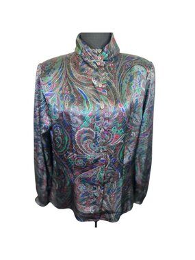 Vintage Nicola Gray Paisley Blouse High Neck Sz 12 Satin 80s 90s Secretary